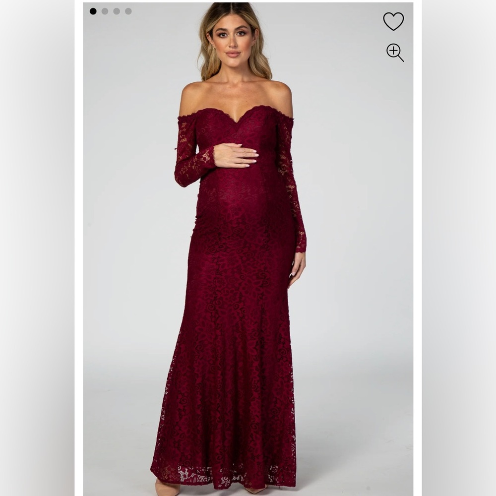 New PinkBlush Burgundy Lace Off Shoulder Long Sleeve Maternity Maxi Dress